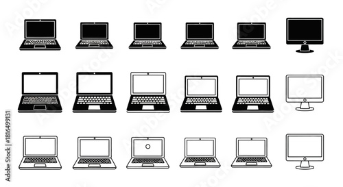 Sleek Collection of Modern Vector Icons Featuring Laptops and Desktop Monitors for Digital Design, Technology, and Business Applications