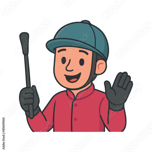 Man waving hand. Happy horse rider greeting. Smiling jockey wearing helmet.