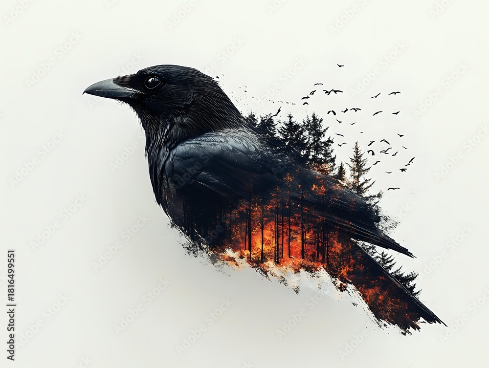 Obraz premium Black raven silhouette with double exposure effect showing forest fire and flying birds against white background, creating dramatic nature contrast.