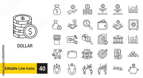 Line Art Icons Depicting Financial and Business Concepts