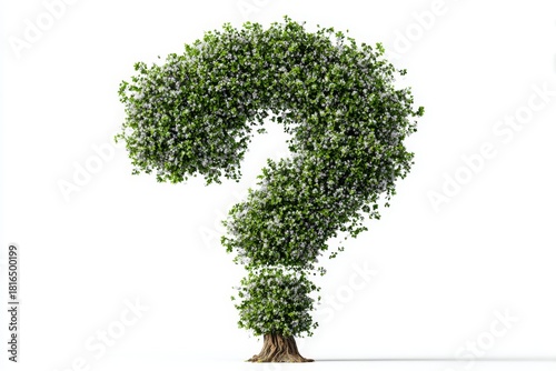 Creative green question mark tree growing from trunk on white background