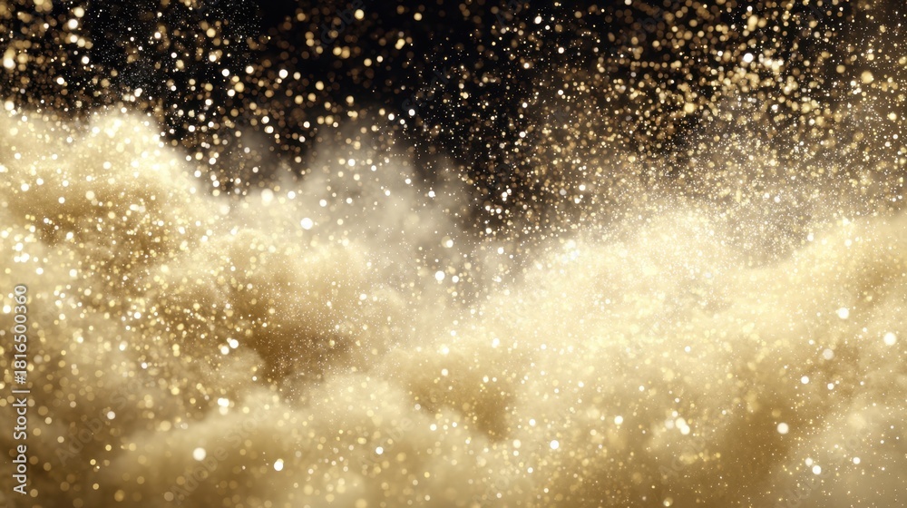 Obraz premium Enchanting golden particles dance in the air, creating a magical atmosphere against a dark background, evoking a sense of wonder and elegance for every occasion
