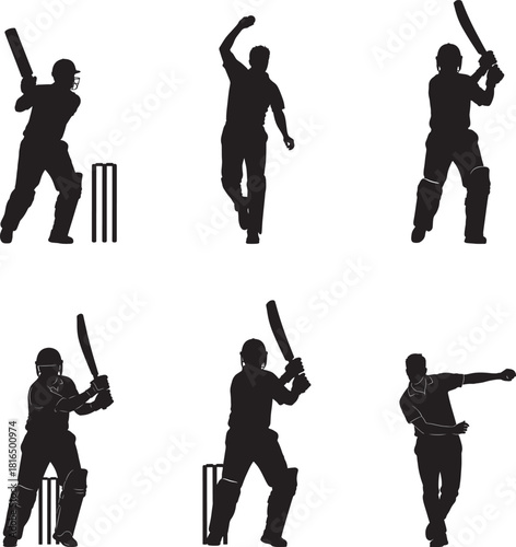 Cricket Player Batsman Bowler Silhouette Vector Set
