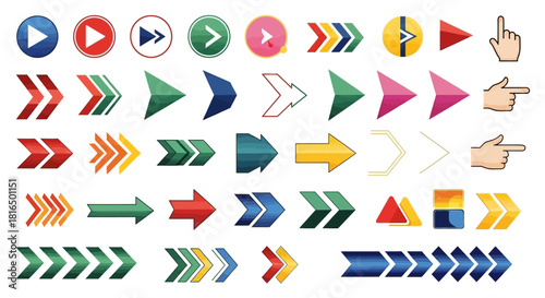 Collection of sleek and modern vector arrow icons, vibrant navigation buttons, and diverse hand pointers for contemporary digital interfaces and web design projects