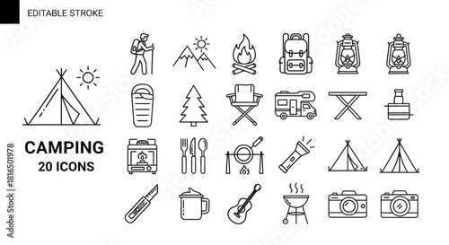 Camping Icons A Set of 20 Editable Stroke Illustrations for Outdoor Adventures