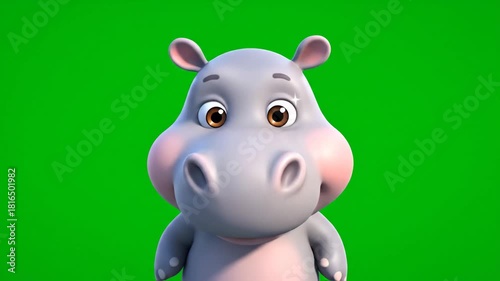 Cute Cartoon Hippo Character on Green Screen Background.