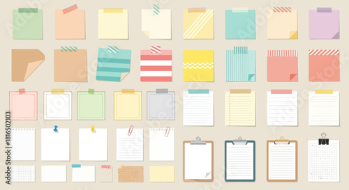 Pastel Sticky Notes, Paper Memo Pads, Clipboards, and Tapes Vector Pack. Clean, Minimalist Stationery for Digital Planners, Creative Journaling, and Graphic Design