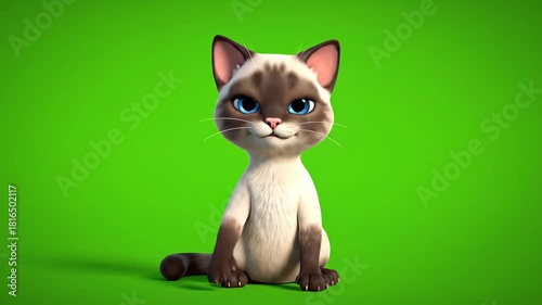 Animated Siamese Cat Waving Hello on Green Screen Background.