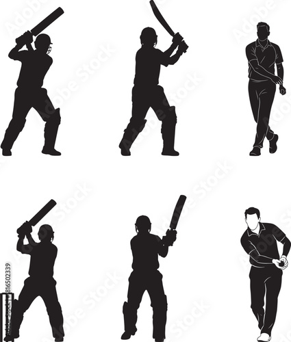 Cricket Player Batsman Bowler Silhouette Vector Set