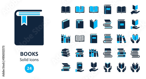 Collection of 24 Solid Book Icons Symbolizing Education, Knowledge, and Reading for Design