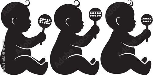 Three adorable baby silhouettes playing with rattles silhouette