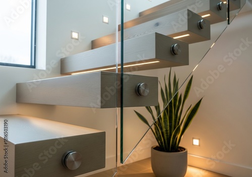Modern floating wooden staircase with glass railing and led lights in luxury home interior