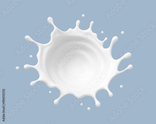 Milk splash isolated on blue background. Natural dairy product in crown splash with flying drops. Realistic Vector illustration