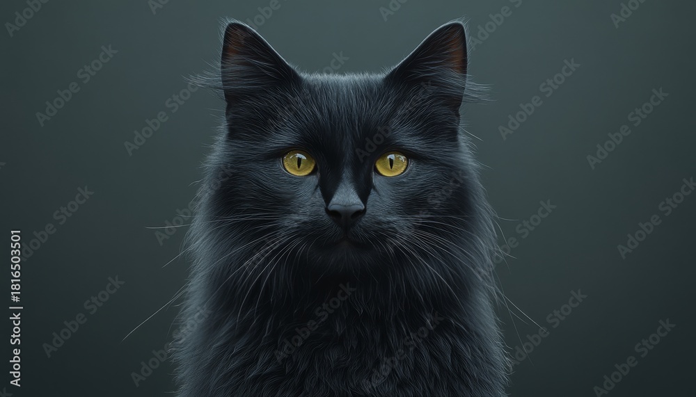 Obraz premium Stunning Long-Haired Black Cat with Striking Golden Eyes Posing Elegantly Against a Gray Background