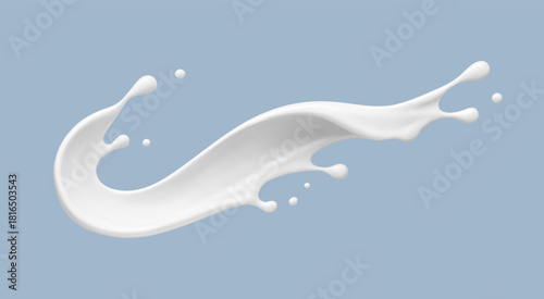 Realistic milk splash wave on blue background. Vector dairy concept