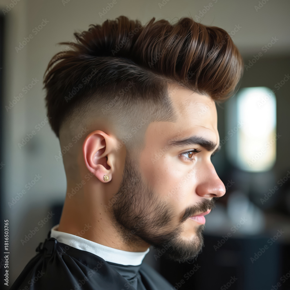 Fototapeta premium Young man with stylish faux hawk haircut and beard poses confidently. Guy sports fade hairstyle, looking serious in studio. He wears black cape, showing off fresh barber cut.