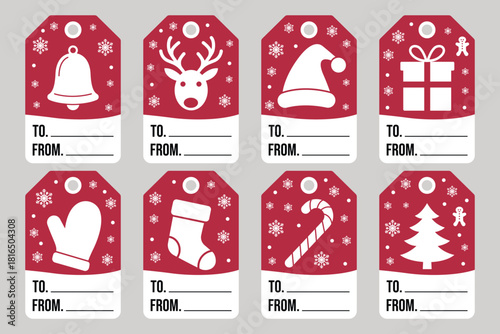 Bell christmas gift tag with snow design for present labeling featuring festive holiday season vector template with space to write recipient and sender names in bright colors