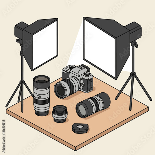 Isometric illustration of a professional photography studio setup with camera, multiple lenses, and two softbox lights on stands.