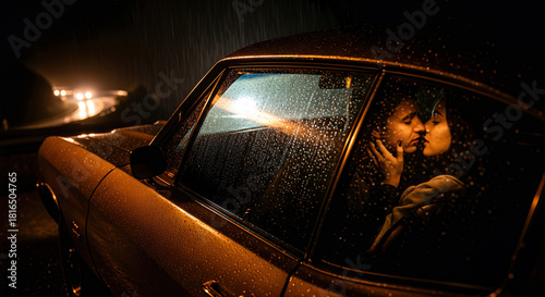 Romantic couple kissing inside a vintage car on a rainy night, symbolizing intimacy and connection, a perfect image for Love and Valentines Day celebration.