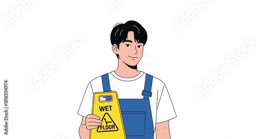 Alert custodian holding wet floor sign for safety, perfect for accident prevention campaigns and workplace hazard awareness, originally a scalable vector graphic