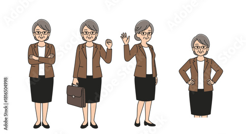 Professional mature businesswoman in different poses exudes confidence and competence, perfect for corporate communications and leadership roles, originally vector