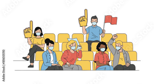 Enthusiastic fans cheering from stadium seats, wearing masks and foam fingers, supporting team with flag, showing team spirit, modern, fun, exciting, youthful