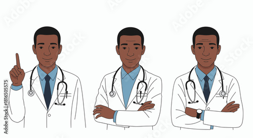 African American doctor in various poses offering medical advice, consultation and expertise for your healthcare needs in a professional setting