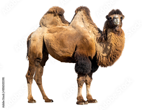 Woolly Bactrian Camel Standing in Full Body View, Two Humps Visible, Isolated on Transparent Background