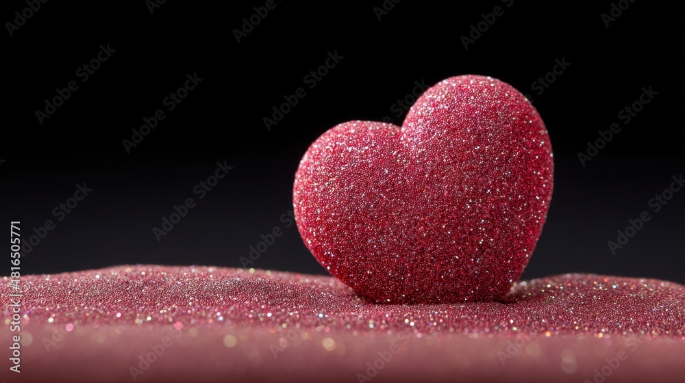 Obraz premium Glittering Red Heart Decoration on Soft Shiny Surface Against Black Background, Perfect for Valentine's Day, Love Themes, or Romantic Occasions