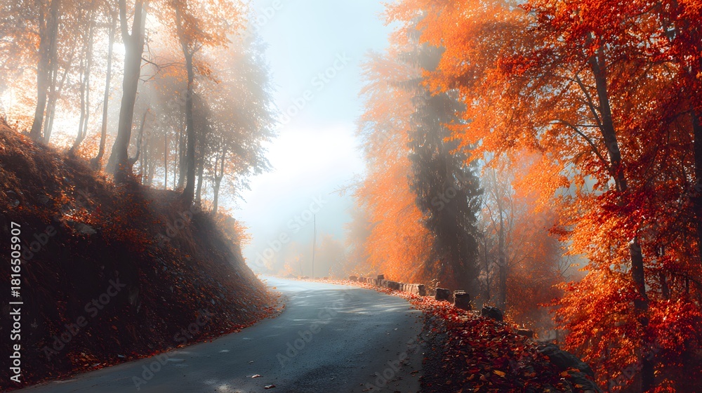 Naklejka premium A scenic road winds through a foggy forest with vibrant orange autumn foliage.