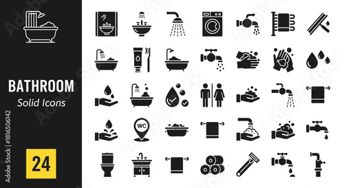 Bathroom Solid Icons Set Essential Black and White Vector Symbols for Modern Design