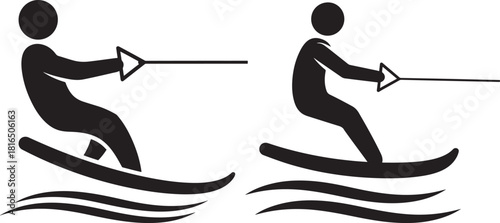 Two figures water skiing with waves below silhouette