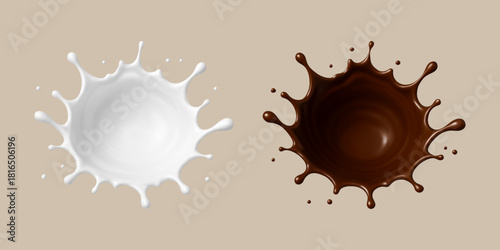 Milk and chocolate crown splashes. Milkshake and melted choco. Realistic vector illustration