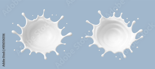 Milk splashes isolated on blue background. Natural dairy product with flying drops. Realistic Vector illustration
