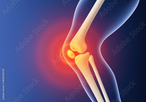 3D knee pain visualization. Leg bones with red inflammation glow at joint area. Biological and medical concept. Vector illustration