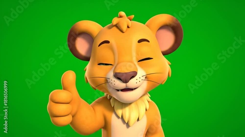 Adorable Animated Lion Cub Waving and Giving Thumbs Up on Green Screen.