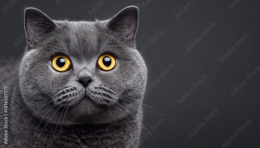 Obraz premium Charming British Shorthair Cat with Expressive Eyes on a Clean Gray Background, Captivating Serenity