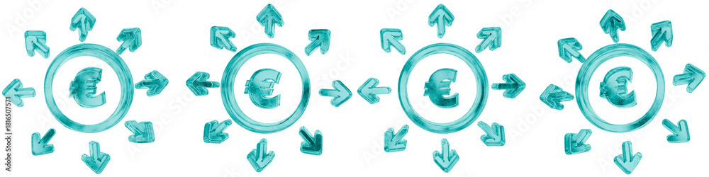 Obraz premium Set of four 3D euro investment diversification shapes in frosted blue ice glass style, isolated on a transparent background. Glassmorphism icons and 3D elements for modern graphic design.