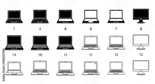 Laptop and Monitor Icon Set Modern Tech Designs for Digital Display and Computing Devices
