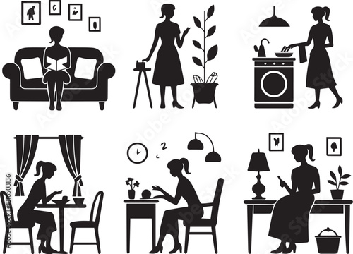 Collection silhouette woman doing leisure activities and chores at home
