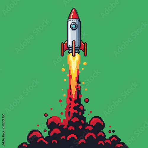 Pixel art illustration of a rocket launching with fire and smoke against a vibrant green background.