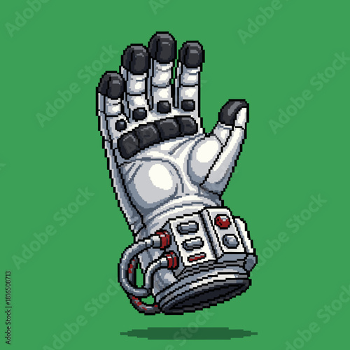 A detailed pixel art illustration of a white astronaut glove with black accents and red details on a green background.