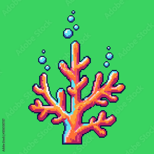 Vibrant pixel art illustration of an orange and pink coral with blue bubbles rising in a green underwater scene.