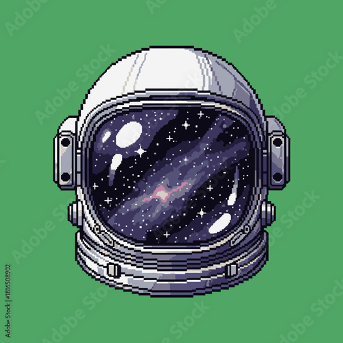 A pixel art astronaut helmet with a galaxy reflected in its visor on a green background.