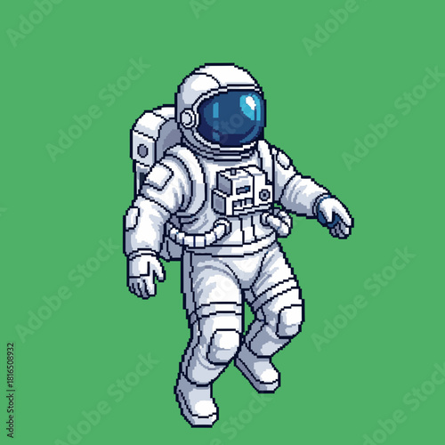 Detailed pixel art illustration of an astronaut in a white spacesuit with a blue visor, floating against a solid green background.