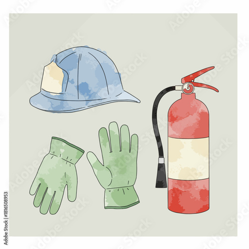 Watercolor illustration of fire safety equipment including a blue firefighter helmet, green gloves, and a red fire extinguisher.