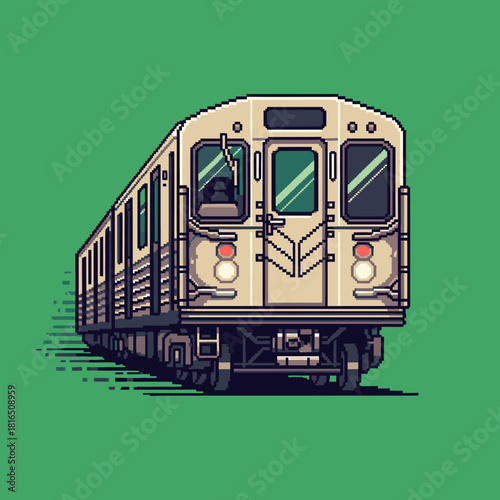 Pixel art illustration of a classic subway train with multiple cars, viewed from the front-side against a solid green background.