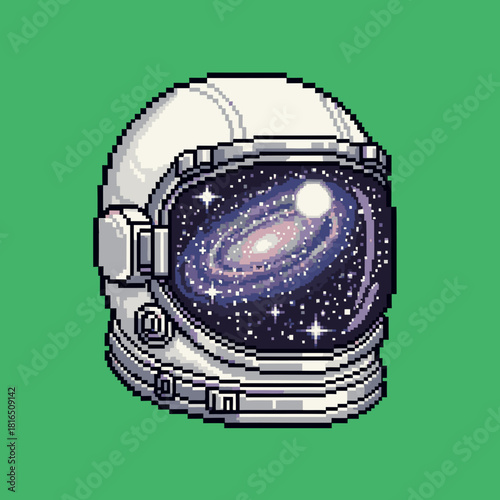A pixel art astronaut helmet reflecting a vibrant galaxy and stars.