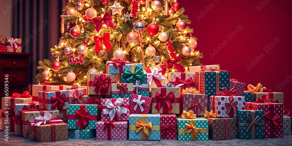 Naklejka premium Pile of wrapped gifts under twinkling Christmas tree, festive bows, boxes, holiday
