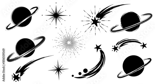 A collection of black silhouette space icons featuring planets stars and comets.